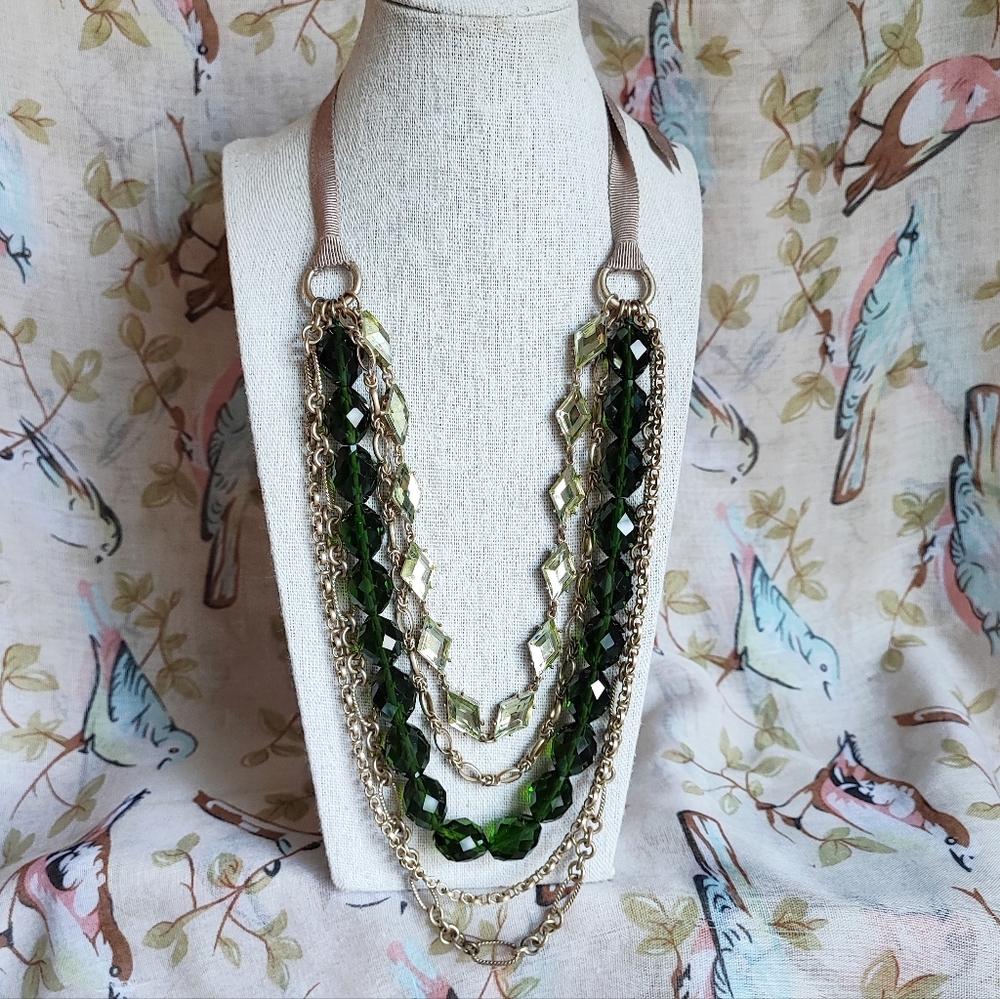 Unsigned J. Crew Faceted Emerald Green Glass Citrine Ribbon Statement Necklace
